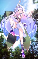 1girl ;d arms_up black_corset bloomers blue_sky chest_jewel corset day detached_collar detached_sleeves dress gem gradient_hair grey_hair gurumie hammer headpiece highres holding holding_hammer hololive hololive_english jewel_under_eye koseki_bijou koseki_bijou_(1st_costume) long_hair material_growth midair multicolored_hair one_eye_closed open_mouth outdoors pink_hair purple_eyes purple_gemstone purple_hair shiori_novella shoe_soles single_detached_sleeve sky smile solo tree underwear upskirt very_long_hair virtual_youtuber white_bloomers white_dress