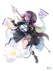 1girl absurdres ajirogasa black_boots black_dress blonde_hair boots breasts commentary dress edz_drawz english_commentary flower full_body gradient_hair grin hat highres hijiri_byakuren holding holding_staff large_breasts layered_dress long_hair long_sleeves lotus multicolored_hair o-ring o-ring_thigh_strap pink_flower purple_eyes purple_hair shakujou sidelocks simple_background smile solo sorcerer&#039;s_sutra_scroll staff thigh_strap touhou transparent_background white_dress