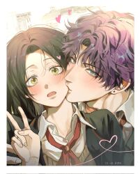 1boy 1girl black_hair blue_eyes blush border brown_eyes couple dated earrings evil_fishie heart hetero highres jewelry kiss kissing_cheek long_hair looking_at_viewer love_and_deepspace neck_ribbon necktie open_mouth parted_lips protagonist_(love_and_deepspace) purple_hair rafayel_(love_and_deepspace) red_necktie ribbon school_uniform selfie short_hair stud_earrings surprised upper_body v white_border