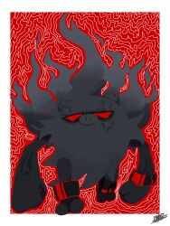 Rule 34 | absurdres, anger vein, annihilape, border, commentary, floating hair, full body, highres, nintendo, no humans, no pupils, pokemon, pokemon (creature), pokemon focus, red background, red eyes, sakanagi (a r co), solo, standing, veins, white border