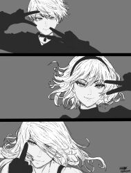 1boy 2b_(nier:automata) 2girls 9s_(nier:automata) a2_(nier:automata) absurdres closed_mouth double_v eyelashes greyscale hair_between_eyes hairband hashtag-only_commentary highres k0himizu looking_at_viewer middle_finger monochrome multiple_girls nier:automata nier_(series) short_hair smile v