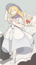 2girls arm_up blonde_hair bolos bouquet closed_eyes colored_eyelashes dress flower half-closed_eye hat highres holding holding_bouquet light_smile lily_white long_hair long_sleeves louise_(touhou) multiple_girls neckerchief one_eye_closed petals pointy_ears purple_neckerchief red_ribbon ribbon shoes suitcase touhou white_dress white_shoes yellow_eyes
