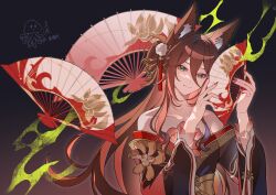 1girl absurdres animal_ear_fluff animal_ears brown_hair collarbone eyeshadow folding_fan fox_ears fox_girl fugue_(honkai:_star_rail) green_eyes hair_between_eyes hair_ornament hair_stick hand_fan highres holding holding_fan honkai:_star_rail honkai_(series) japanese_clothes kimono long_hair looking_at_viewer makeup mingmingzhu652 off_shoulder pom_pom_(clothes) pom_pom_hair_ornament red_eyeshadow smile solo tassel tassel_hair_ornament tingyun_(honkai:_star_rail) wide_sleeves