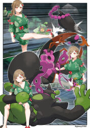 1other 2girls 3boys absurdres alpha_pokemon angry animal_focus aura bird bird_tail black_fur breasts bright_pupils brown_hair bush closed_mouth expressionless falling femdom fezandipiti forest gameplay_mechanics gen_9_pokemon glassy0302 glowing glowing_eyes grass green_fur grin hair_ornament highres humiliation injury japanese_clothes jinbei_(clothes) kicking kimono kuraishi_rinngo large_breasts legendary_pokemon looking_at_another multiple_boys multiple_girls munkidori nature nintendo ogerpon okidogi original outdoors pain parody pokemon pokemon_(creature) pokemon_sv restrained revenge sinistcha smile tail talons teeth tree two-tone_fur white_pupils wings yellow_eyes