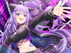 1girl :d ahoge animal_ears breasts camisole cat_ears cat_girl cat_tail choker cleavage commentary_request different_reflection hair_ornament hairclip highres hololive jacket large_breasts long_hair looking_at_viewer midriff navel nekomata_okayu nekomata_okayu_(personya_respect) nekomata_okayu_(poisonya_syndrome) o-ring o-ring_choker official_alternate_costume official_alternate_hair_length official_alternate_hairstyle open_mouth outstretched_arms print_jacket purple_eyes purple_hair purple_jacket reflection smile solo starry_sky_print tail torakichi_888 torn_camisole torn_clothes virtual_youtuber