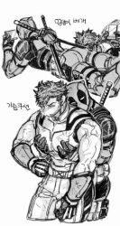 2boys ass back beard belt cellphone closed_eyes closed_mouth commentary_request couple deadpool deadpool_&amp;_wolverine deadpool_(series) dishing facial_hair greyscale holding holding_phone hug hug_from_behind katana korean_commentary large_pectorals lying male_focus marvel marvel_cinematic_universe mask mature_male monochrome multiple_boys muscular muscular_male on_stomach pectoral_grab pectorals phone sleeveless smartphone superhero_costume sword translation_request two-tone_bodysuit utility_belt veins veiny_arms weapon weapon_on_back wolverine_(x-men) x-men yaoi