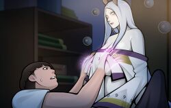 1boy 1girl bad_tag blush boruto:_naruto_next_generations breasts brown_hair bulge erection erection_under_clothes grabbing_another&#039;s_breast groping highres hokage&#039;s_adopted_son huge_breasts huge_penis kimkun0162 large_penis lying medium_hair naruto_(series) ootsutsuki_kaguya open_mouth penis surprised