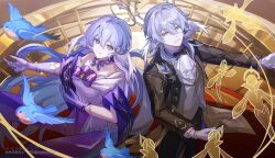 1boy 1girl bird black_jacket blue_bird brother_and_sister closed_mouth dress from_above gloves grey_hair halo head_wings highres honkai:_star_rail honkai_(series) jacket kukatsuma long_hair looking_at_viewer medium_hair purple_gloves robin_(honkai:_star_rail) robin_(star_rail_live_2024)_(honkai:_star_rail) siblings smile sunday_(honkai:_star_rail) sunday_(star_rail_live_2025)_(honkai:_star_rail) white_dress wings yellow_halo