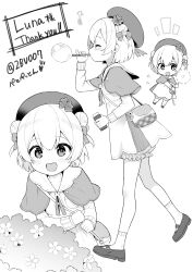 1girl absurdres bag beret bloomers blowing_bubbles bow bubble_pipe capelet child clover_hair_ornament commentary_request double_bun dress flower greyscale hair_bow hair_bun hair_flower hair_ornament hat hat_ribbon highres long_sleeves looking_at_viewer mary_janes messenger_bag monochrome multiple_views open_mouth original pedopetton ribbon shoes short_hair shoulder_bag smile socks thank_you underwear
