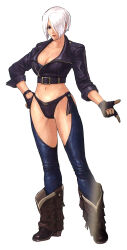 1girl angel_(kof) blue_eyes boots breasts cleavage curvy female_focus gloves hand_on_own_hip huge_breasts jacket large_breasts leather pale_skin panties short_hair standing the_king_of_fighters thick_thighs thighs underwear white_hair wide_hips