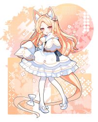 Rule 34 | 1girl, :d, animal ear fluff, animal ears, blonde hair, blue archive, blush, bow, collared dress, commentary, dress, footwear bow, fox ears, fox girl, fox tail, frilled dress, frills, full body, hair bow, hands up, high heels, highres, long hair, long sleeves, looking at viewer, open mouth, pantyhose, red eyes, seia (blue archive), shirocha tei, shoes, sleeves past fingers, sleeves past wrists, smile, solo, standing, striped clothes, striped pantyhose, tail, twitter username, white bow, white dress, white pantyhose, white shoes