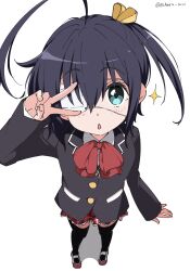 1girl absurdres ahoge black_hair black_jacket black_thighhighs blush bow bowtie chuunibyou_demo_koi_ga_shitai! collared_shirt eyepatch green_eyes hair_between_eyes hair_ribbon highres jacket long_sleeves medical_eyepatch plaid_clothes plaid_skirt red_bow red_bowtie red_skirt ribbon shirt shoes simple_background skirt solo takanashi_rikka thighhighs v v_over_eye white_background white_gorilla_(okamoto) white_shirt yellow_ribbon