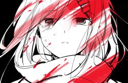 1girl aaniko black_background blood character_request chinese_commentary commentary_request crying crying_with_eyes_open greyscale hair_between_eyes hair_ornament hairclip kagerou_project medium_hair monochrome parted_lips sad scarf simple_background solo spot_color teardrop tears upper_body