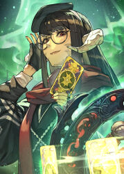 1girl absurdres astrologian_(final_fantasy) aurora black_gloves black_hair card dragon_horns final_fantasy final_fantasy_xiv fingerless_gloves glasses gloves hat hide_(hideout) highres holding holding_card horns jewelry long_hair looking_at_viewer red_eyes red_nails ring round_eyewear scarf smug solo tarot tarot_card warrior_of_light_(ff14) white_scales