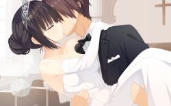 1boy 1girl absurdres alternate_costume alternate_hairstyle armpit_crease arms_around_neck bare_shoulders black_bow black_bowtie black_hair black_suit blush bow bowtie bridal_veil brown_hair cafe_stella_to_shinigami_no_chou carrying church closed_eyes collarbone collared_shirt commentary_request couple dress elbow_gloves faceless faceless_male feet_out_of_frame formal_clothes from_side gloves hair_between_eyes hair_bun hetero highres hug indoors kaon_zz kiss long_dress mole mole_under_eye paid_reward_available princess_carry profile shiki_natsume shirt short_hair sidelocks single_hair_bun suit takamine_kousei tiara upper_body veil wedding wedding_dress white_dress white_gloves white_shirt