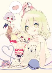 5girls alternate_costume bat_wings blonde_hair blush chibi eyeball flandre_scarlet food green_eyes green_hair hat hata_no_kokoro heart heart-shaped_pupils heart_of_string ice_cream in_food komeiji_koishi komeiji_satori long_hair mask multiple_girls no_headwear open_mouth parfait pink_hair purple_hair red_eyes remilia_scarlet short_hair siblings sisters sitting sketch smile spoon sundae symbol-shaped_pupils tecoyuke third_eye tongue touhou wafer_stick wings