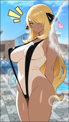 1girl black_one-piece_swimsuit blonde_hair blue_sky blurry blurry_background breasts closed_mouth cloud cynthia_(pokemon) day devil_jone_qrit eyelashes grey_eyes hair_ornament hair_over_one_eye heart highres large_breasts lens_flare long_hair nintendo notice_lines one-piece_swimsuit pokemon pokemon_dppt pool shiny_skin sky smile solo sparkle swimsuit tan tanline thighs