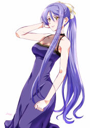 1girl artist_name blue_hair bracelet double-parted_bangs dress eiyuu_densetsu hair_between_eyes jewelry laura_s._arseid long_hair long_sidelocks looking_at_viewer ponytail sen_no_kiseki sen_no_kiseki_(series) sen_no_kiseki_iv sidelocks simple_background sleeveless sleeveless_dress smile solo very_long_sidelocks white_background xiacheng_tatsuya yellow_eyes