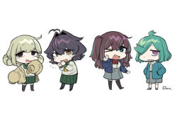 Rule 34 | &gt; o, 4girls, ahoge, akoya matama, anemo nemo, antenna hair, aqua hair, araga kiwi, artist name, blue eyes, blue hair, blue jacket, bow, bowtie, breasts, brown eyes, brown jacket, chibi, closed mouth, eyebrows hidden by hair, fang, flat chest, flying sweatdrops, full body, green hair, green skirt, grey skirt, guagua977, hair between eyes, hair intakes, heart antenna hair, hiiragi utena, jacket, looking at viewer, mahou shoujo ni akogarete, medium hair, multiple girls, one eye closed, open mouth, purple eyes, purple hair, red bow, red bowtie, red eyes, scared, school uniform, serafuku, sharp teeth, shirt, simple background, skirt, small breasts, smile, teeth, v, white background, white shirt