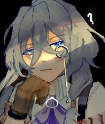 Rule 34 | 1girl, ?, ascot, blue eyes, blue hair, brown gloves, brown jacket, brown sleeves, closed mouth, detective, fu hua, fu hua (hawk of the fog), fu hua (valkyrie accipiter), gloves, grey hair, hand on own cheek, hand on own face, high ponytail, honkai (series), honkai impact 3rd, jacket, long hair, long sleeves, looking at viewer, monocle, official alternate costume, open clothes, open jacket, osachuuu, ponytail, purple ascot, shirt, solo, upper body, white shirt