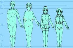 1boy 3girls bare_legs belt blush breasts completely_nude dress embarrassed full_body height_chart height_difference huge_breasts idolmaster idolmaster_cinderella_girls jewelry katagiri_sanae large_areolae looking_at_viewer microskirt multiple_girls necklace nude oikawa_shizuku pole_(ppp1409) ponytail short_hair skirt smile standing tagme thighhighs tight_clothes tight_dress twintails