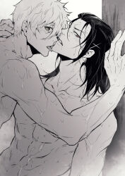2boys barou_shouei blue_lock chuma_a_a collarbone from_side greyscale hair_down hair_ornament highres long_hair looking_at_viewer male_focus monochrome multiple_boys nagi_seishirou nude short_hair simple_background teeth toned toned_male tongue tongue_out upper_body wet white_background x_hair_ornament yaoi