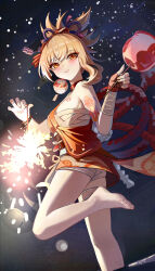 1girl absurdres arm_tattoo bandaged_arm bandaged_leg bandages bare_legs barefoot blonde_hair blush breast_tattoo breasts chest_sarashi earrings feet fireworks flower_tattoo foot_out_of_frame genshin_impact hadanugi_dousa hair_ornament hand_wraps highres holding holding_candy_apple holding_fireworks japanese_clothes jewelry kimono legs medium_breasts night no_legwear open_kimono orange_eyes orange_kimono orange_nails parted_lips revision sarashi short_hair smile solo sparkler tattoo toenails toes wuzhihuijia yoimiya_(genshin_impact)