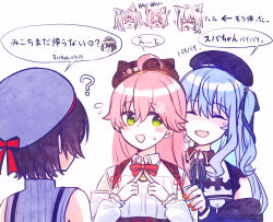 6+girls ? ahoge angry animal_ears beret black_dress blue_hair blush clothing_cutout collared_dress collared_shirt commentary dog_ears dog_girl dress flying_sweatdrops fox_ears fox_girl fuwawa_abyssgard grabbing_another&#039;s_arm green_eyes hair_between_eyes hat highres hololive hololive_english hoshimachi_suisei hoshimachi_suisei_(casual) index_fingers_together jacket mococo_abyssgard multiple_girls official_alternate_costume oozora_subaru oozora_subaru_(work) open_clothes open_jacket open_mouth orange_nails pink_hair sakura_miko sakura_miko_(casual) shirakami_fubuki shirt shoulder_cutout siblings sisters speech_bubble sweatdrop symbol-only_commentary translation_request twins virtual_youtuber white_shirt yumi5469