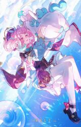 Rule 34 | 1girl, absurdres, animal, aqua bow, aqua bowtie, aqua eyes, aqua hair, artist name, black shoes, bow, bowtie, bubble, commentary, dress, drill hair, hat, highres, holding, holding animal, honkai: star rail, honkai (series), hyacine (honkai: star rail), little ica (honkai: star rail), meirong, midair, multicolored hair, ocean, pantyhose, pegasus, pink hair, red dress, red hat, shoes, symbol-only commentary, twin drills, two-tone hair, white pantyhose