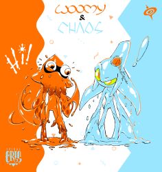 ! brain chaos_(sonic) colored_sclera colored_skin crossover green_sclera inkling_girl inkling_player_character looking_at_another nintendo orange_eyes orange_skin sonic_(series) sonic_adventure spiral_cris splatoon_(series) standing tentacle_hair tentacles