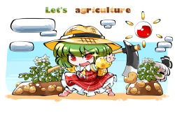 1girl ascot boots chibi commentary_request english_text engrish_text field flower green_hair hat hoe kashuu_(b-q) kazami_yuuka konpaku_youmu plaid_clothes plaid_skirt plaid_vest potato ranguage red_eyes short_hair skirt smile straw_hat sun sunflower touhou vest worktool