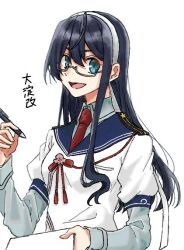 Rule 34 | 1girl, blue eyes, hairband, hakumu514, kantai collection, layered shirt, layered sleeves, long hair, long sleeves, necktie, ooyodo (kancolle), pen, red necktie, sailor collar, sailor shirt, school uniform, serafuku, shirt, short over long sleeves, short sleeves, simple background, smile, solo, upper body, white background, white hairband, white shirt