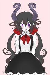 1girl arms_behind_back black_hair black_skirt black_suspenders blush bow bowtie collared_shirt colored_skin demon_girl demon_horns frilled_skirt frills funamusea gallaxi genderswap genderswap_(mtf) hair_between_eyes hair_bow horns long_hair low_twintails open_mouth pink_background pointy_ears purple_eyes red_bow red_bowtie satanick_(funamusea) shirt shocked_pupils sidelocks simple_background sketch skirt solo suspender_skirt suspenders twintails upper_body very_long_hair white_shirt white_skin wide-eyed