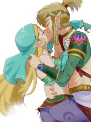 1boy 1girl aqua_sleeves aqua_veil armor ass bandeau blonde_hair bracer closed_eyes commentary_request cowboy_shot desert_voe_set_(zelda) detached_sleeves earrings from_side gerudo_set_(zelda) green_bandeau green_sleeves hetero highres hug jewelry kiss link long_hair long_sleeves midriff nintendo pants pointy_ears ponytail princess_zelda purple_pants short_hair short_ponytail shoulder_armor sidelocks simple_background single_detached_sleeve teraichigo the_legend_of_zelda the_legend_of_zelda:_breath_of_the_wild topless_male veil white_background