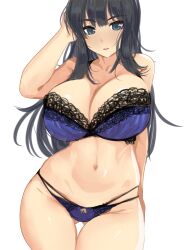 absurdres arm_behind_back arm_behind_head black_hair blue_bra blue_eyes blunt_bangs blush bra breasts cleavage gluteal_fold highres ikaruga_(senran_kagura) kumako_(kumakonoh) lace lace-trimmed_bra lace_trim large_breasts long_hair looking_at_viewer open_mouth senran_kagura underwear underwear_only