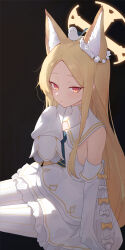 Rule 34 | 1girl, absurdres, animal ears, bare shoulders, bird, blonde hair, blue archive, blush, breasts, dress, ear wreath, extra ears, forehead, fox ears, fox girl, halo, highres, long hair, looking at viewer, orange eyes, parted bangs, seia (blue archive), solo, sukaliya