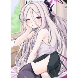 1girl ahoge black_halo black_skirt black_thighhighs blue_archive blush breasts day demon_girl demon_horns demon_wings halo hina_(blue_archive) horns indoors loli long_hair looking_at_viewer shirt sitting skirt small_breasts solo thighhighs tree user_ttyz7822 white_hair white_shirt wings