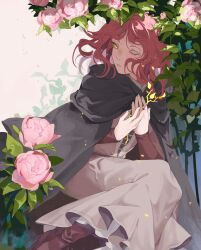 1girl absurdres aniimoni1 black_cape boots brown_boots cape dress elden_ring flower grey_dress highres medium_hair melina_(elden_ring) parted_lips pink_flower pink_hair pink_rose rose sitting solo yellow_eyes