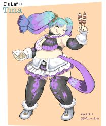 :q blue_hair blush breasts closed_eyes detached_sleeves e&#039;s_laf gloves highres holding holding_skewer ink large_breasts matsupuni multicolored_hair plump purple_hair quad_tails skewer thick_thighs thighhighs thighs tina_(e&#039;s_laf) tongue tongue_out two-tone_hair