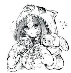 1girl @_@ ahoge alternate_costume animal animal_costume animal_hands animal_on_shoulder bell bow bowtie flying_sweatdrops gloves greyscale highres hood hood_up long_sleeves mame_nabe_donko meisho_doto_(umamusume) monochrome multicolored_hair neck_bell open_mouth paw_gloves short_hair solo streaked_hair tanuki tanuki_costume umamusume upper_body