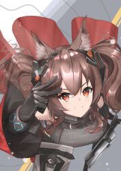 Rule 34 | 1girl, absurdres, angelina (arknights), animal ear fluff, animal ears, arknights, arknights: endfield, belt, bracelet, breasts, brown hair, cape, diamond-shaped pupils, diamond (shape), dot nose, dress, fox ears, fox girl, from above, gilberta (arknights), grey dress, headgear, high belt, highres, infection monitor (arknights), jewelry, large breasts, long hair, looking at viewer, red cape, shootingstar masa, smile, solo, split mouth, symbol-shaped pupils, twintails, v