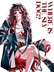 Rule 34 | 1girl, absurdres, alternate hair length, alternate hairstyle, black boots, black coat, black hair, boots, coat, collar, crossed legs, dress, english text, feather dress, feather hair ornament, feathers, feet out of frame, grin, gun, hair ornament, hand up, handgun, highres, holding, holding collar, holding gun, holding weapon, invisible chair, long hair, looking at viewer, molen106, red collar, red eyes, red feathers, reverse:1999, schneider (reverse:1999), short dress, sitting, smile, solo, unworn collar, weapon, white background