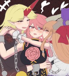 3girls abstract_background absurdres blonde_hair blush breasts brown_hair chain cuffs elaphe_guttata6 fangs heart highres holding_hands horns hoshiguma_yuugi hug ibaraki_douji_(touhou) ibuki_suika japanese_clothes kimono kiss kissing_cheek large_breasts multiple_girls oni pink_hair polyamory shackles single_horn touhou yuri