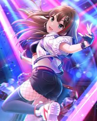 ass black_hair blush boots breasts drum drumsticks fingerless_gloves gloves green_eyes guitar highres idolmaster idolmaster_cinderella_girls instrument long_hair looking_at_viewer medium_breasts official_art shibuya_rin stage thighhighs thighs
