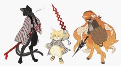 &gt;_o 3girls :3 blonde_hair bob_cut cat_girl dog_girl don_quixote_(project_moon) forest_for_the_flames_(e.g.o) full_body furrification furry haori hgs3152 highres holding holding_polearm holding_shield holding_weapon ishmael_(project_moon) jacket japanese_clothes kimono la_sangre_de_sancho_(e.g.o) lance limbus_company looking_at_viewer multiple_girls one_eye_closed ootachi open_mouth polearm project_moon ryoshu_(project_moon) shield short_hair simple_background smile snagharpoon_(e.g.o) striped_clothes striped_haori striped_jacket tentacle_hair weapon white_background wide_sleeves