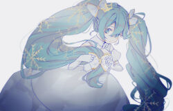 Rule 34 | 1girl, absurdres, adjusting hair, adjusting hair ornament, aqua eyes, aqua hair, blurry, bow, closed mouth, cowboy shot, crown, depth of field, detached collar, detached sleeves, dress, elbow gloves, expressionless, gloves, gown, grey background, hair bow, hatsune miku, headset, highres, ichikawa sae, long dress, long hair, looking to the side, low-tied long hair, mini crown, multiple hair bows, puffy detached sleeves, puffy sleeves, short sleeves, simple background, sleeveless, sleeveless dress, snowflakes, solo, twintails, very long hair, vocaloid, white bow, white dress, white gloves, yuki miku, yuki miku (2019) (candidate no.6)
