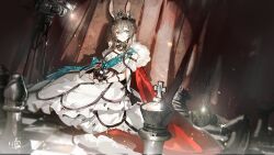 1girl absurdres amiya_(arknights) arknights blurry cape chess_piece chessboard closed_mouth curtains depth_of_field diffraction_spikes double-parted_bangs dress fur-trimmed_cape fur_trim hair_over_shoulder highres holding indoors king_(chess) kneeling knight_(chess) layered_dress long_dress mento mini_person minigirl pawn_(chess) projector red_cape shade smile solo spotlight two-handed white_dress