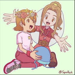 Rule 34 | 2girls, brown eyes, brown hair, digimon, digimon adventure: (2020), highres, long hair, multiple girls, tachikawa mimi, takenouchi sora