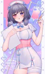 Rule 34 | 1girl, :o, animal ears, bandaged leg, bandages, bandaid, blood, blue bow, blue bowtie, blush, bob cut, bow, bowtie, breasts, cleavage, cleavage cutout, clipboard, clothing cutout, collared dress, commentary, commission, cowboy shot, dress, frilled headwear, frilled sleeves, frills, from below, grey hair, hands up, hat, hat bow, heart, heart in eye, heterochromia, highres, holding, holding clipboard, holding syringe, intravenous drip, large breasts, looking at viewer, lop rabbit ears, nail polish, nurse, nurse cap, open mouth, original, outside border, pillarboxed, pink blood, pink eyes, pink nails, purple background, purple eyes, rabbit ears, rabbit girl, raised eyebrows, short dress, short hair, short sleeves, simple background, skeb commission, solo, standing, swept bangs, symbol-only commentary, symbol in eye, syringe, tight clothes, tight dress, twitter username, watermark, white dress, white hat, yosio ex