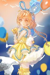 1girl absurdres animal_bag backpack bag balloon balloon_trip_(infinity_nikki) bird blue_hairband blue_ribbon blunt_bangs blurry blurry_background bow bow_legwear braid brown_hair bubble_skirt choker closed_mouth cowboy_shot detached_sleeves dot_nose dress duck duck_tail eyelashes fake_tail flower frilled_choker frilled_dress frilled_hairband frilled_sleeves frilled_thighhighs frills fur_skirt hair_flower hair_intakes hair_ornament hair_ribbon hairband happy hechaofusiji15819 highres holding holding_balloon infinity_nikki lace lace-trimmed_dress lace-trimmed_thighhighs lace_trim large_ribbon long_hair long_sleeves looking_ahead loose_hair_strand low_twin_braids miniskirt nikki_(series) ocean orange_eyes orange_flower orange_sky outdoors pleated_dress polka_dot polka_dot_dress pom_pom_(clothes) ribbon seagull see-through_clothes see-through_sleeves short_dress skirt skirt_under_dress sky sleeveless sleeveless_dress smile solo standing sunset tail tareme thighhighs twin_braids very_long_hair white_bag white_choker white_flower white_skirt white_sleeves yellow_bow yellow_dress yellow_flower yellow_theme